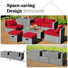 8 Piece Patio Rattan Set with Storage, Nesting Design and Waterproof Cover, Red