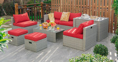 8 Piece Patio Rattan Set with Storage, Nesting Design and Waterproof Cover, Red