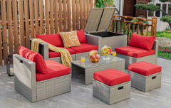 8 Piece Patio Rattan Set with Storage, Nesting Design and Waterproof Cover, Red