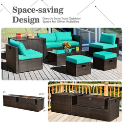 8 Piece Brown Rattan Patio Set with Storage Box, Ottomans and Cover, Turquoise