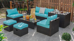 8 Piece Brown Rattan Patio Set with Storage Box, Ottomans and Cover, Turquoise