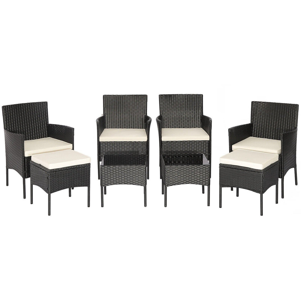 8 Piece Black Wicker Patio Conversation Set with 4 Chairs, 2 Ottomans and 2 Glass Tables, Off White