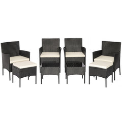 8 Piece Black Wicker Patio Conversation Set with 4 Chairs, 2 Ottomans and 2 Glass Tables, Off White