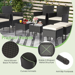 8 Piece Black Wicker Patio Conversation Set with 4 Chairs, 2 Ottomans and 2 Glass Tables, Off White
