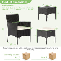 8 Piece Black Wicker Patio Conversation Set with 4 Chairs, 2 Ottomans and 2 Glass Tables, Off White
