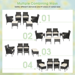 8 Piece Black Wicker Patio Conversation Set with 4 Chairs, 2 Ottomans and 2 Glass Tables, Off White