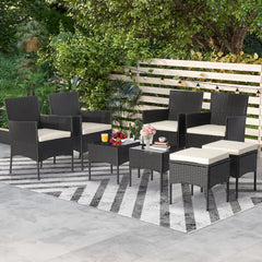 8 Piece Black Wicker Patio Conversation Set with 4 Chairs, 2 Ottomans and 2 Glass Tables, Off White
