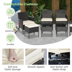 8 Piece Black Wicker Patio Conversation Set with 4 Chairs, 2 Ottomans and 2 Glass Tables, Off White