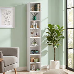 8-Tier Narrow Bookshelf with 4 Adjustable Shelves and Storage Cubes-White