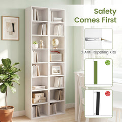 8-Tier Narrow Bookshelf with 4 Adjustable Shelves and Storage Cubes-White
