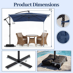 8 x 8 FT Offset Cantilever Patio Umbrella Square Hanging Outdoor Market Umbrella with 360° Rotation-Navy