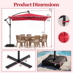8 x 8 Square FT Solar LED Offset Cantilever Patio Umbrella with 360° Rotation-Red