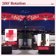 8 x 8 Square FT Solar LED Offset Cantilever Patio Umbrella with 360° Rotation-Red