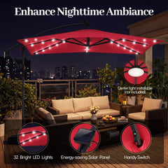 8 x 8 Square FT Solar LED Offset Cantilever Patio Umbrella with 360° Rotation-Red