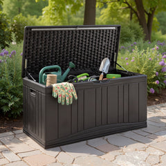 300 L Outdoor Deck Box with Lockable Lid for Garden Tools Cushions-Brown