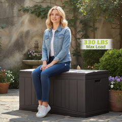 300 L Outdoor Deck Box with Lockable Lid for Garden Tools Cushions-Brown