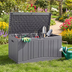 300 L Outdoor Deck Box with Lockable Lid for Garden Tools Cushions-Gray color