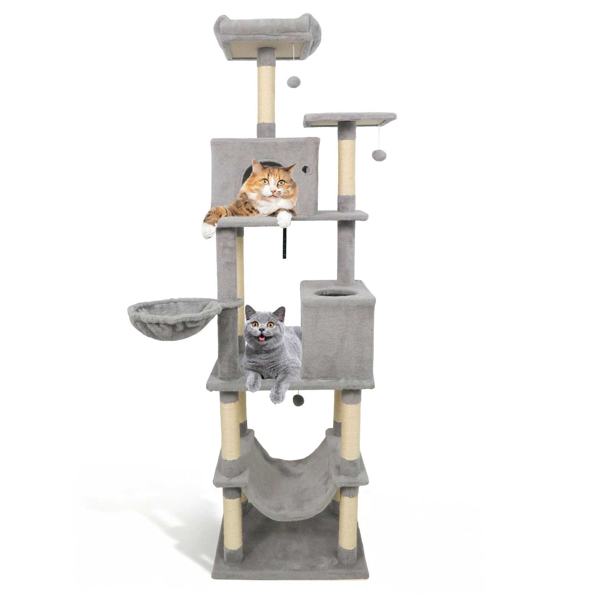 80 Inch Light Grey Cat Tree with Two Condos, Two Perches and a Hammock