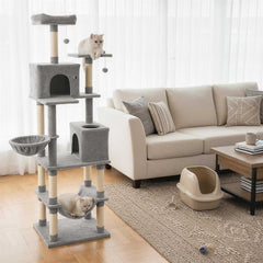 80 Inch Light Grey Cat Tree with Two Condos, Two Perches and a Hammock