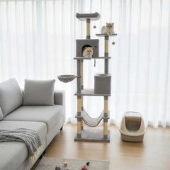 80 Inch Light Grey Cat Tree with Two Condos, Two Perches and a Hammock