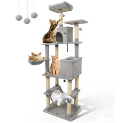 80 Inch Light Grey Cat Tree with Two Condos, Two Perches and a Hammock
