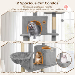 80 Inch Light Grey Cat Tree with Two Condos, Two Perches and a Hammock