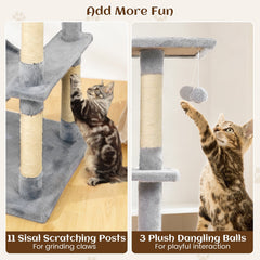 80 Inch Light Grey Cat Tree with Two Condos, Two Perches and a Hammock