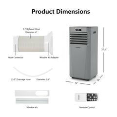 8000 BTU 3-in-1 Portable Air Conditioner with Remote Control, Gray, Cools 230 sq ft