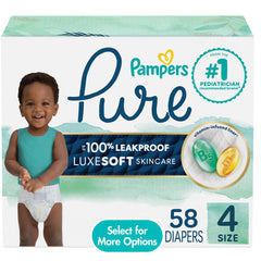 Pampers Pure Baby Diapers, Size 4, Up to 100% Leakproof, Premium Hypoallergenic Soft Diapers, 1 Pack (Count of 58)