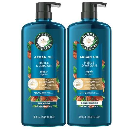 Herbal Essences Pure Plants Argan Oil Shampoo and Conditioner Set, with Certified Camellia Oil and Aloe Vera, For All Hair Types, Especially Damaged Hair, 1.2 L Total (2 Count of 600 mL Each)