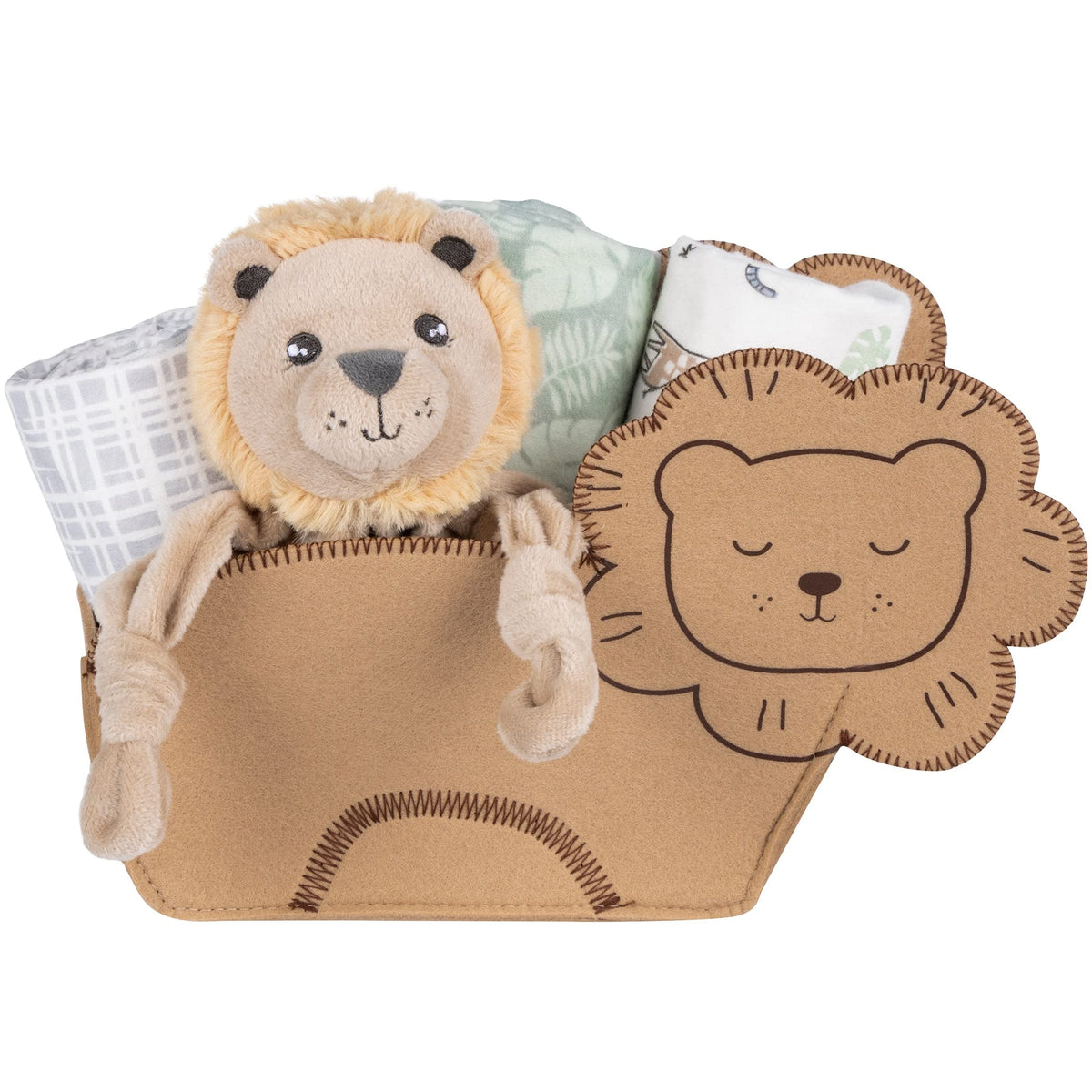 My Tiny Moments Welcome Baby Lion Shaped 5 Piece Gift Set, Includes 3 Flannel Swaddle, Lion Security Blanket, and A Lion Shaped Storage Container