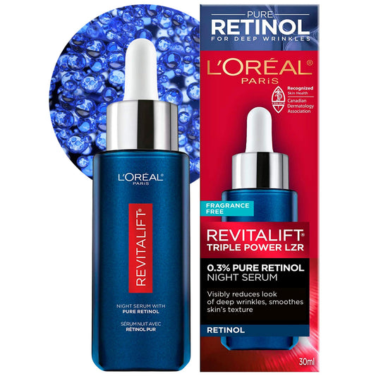 L'Oreal Paris 0.3% Pure Retinol Serum for Face, Night Serum Visibly Reduces the Look of Deep Wrinkles & Smoothes Texture, Revitalift Derm Intensives, 30ml