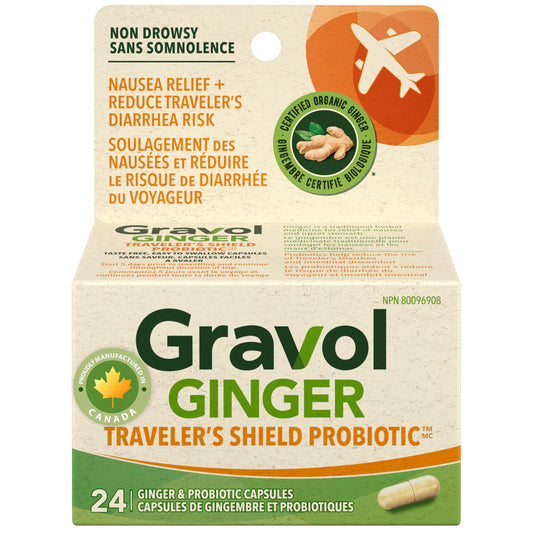 Gravol Ginger Traveler's Shield Probiotic - Nausea and Upset Stomach Relief - Reduces risk of Traveler's Diarrhea - Organic ginger with Probiotic - Non-Drowsy - 24 Capsules (Pack of 1)