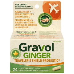 Gravol Ginger Traveler's Shield Probiotic - Nausea and Upset Stomach Relief - Reduces risk of Traveler's Diarrhea - Organic ginger with Probiotic - Non-Drowsy - 24 Capsules (Pack of 1)