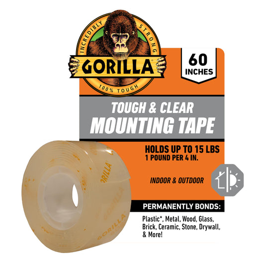 Gorilla Tough & Clear Double Sided Mounting Tape, Hanging, Instant 15lb Strong Hold, Permanent Bond, Weatherproof, 1 in x 60 in, Clear, (Pack of 1), 6065101 (Packaging May Vary)