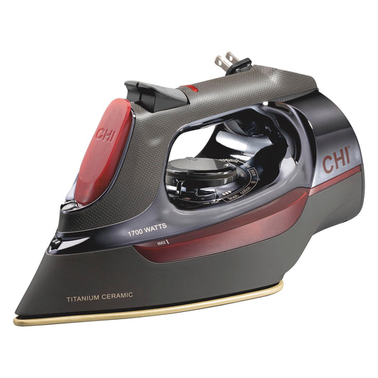 CHI Steam Iron for Clothes, Retractable Cord Iron, 1700W, Titanium-Infused Ceramic Soleplate, 3-Way Auto Shutoff, 400+ Steam Holes, Black/Chrome, 13109