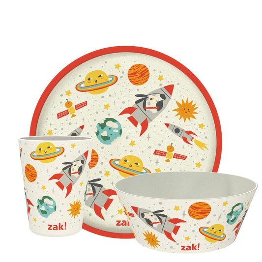 Zak Designs Kids Dinnerware Set 3 Pieces, Durable and Sustainable Melamine Bamboo Plate, Bowl, and Tumbler are Perfect for Dinner Time with Family (Spaceships)