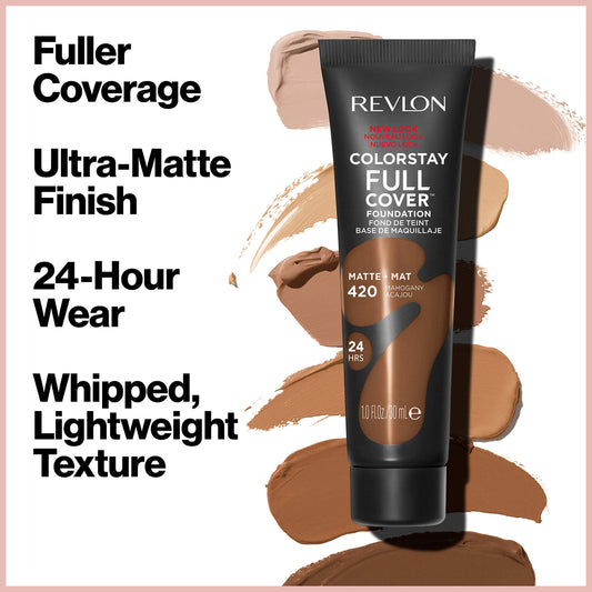 Revlon ColorStay Full Cover Longwear Matte Foundation, Sweat Resistant Lightweight Face Makeup, Natural Tan, 1.0 oz/30ml