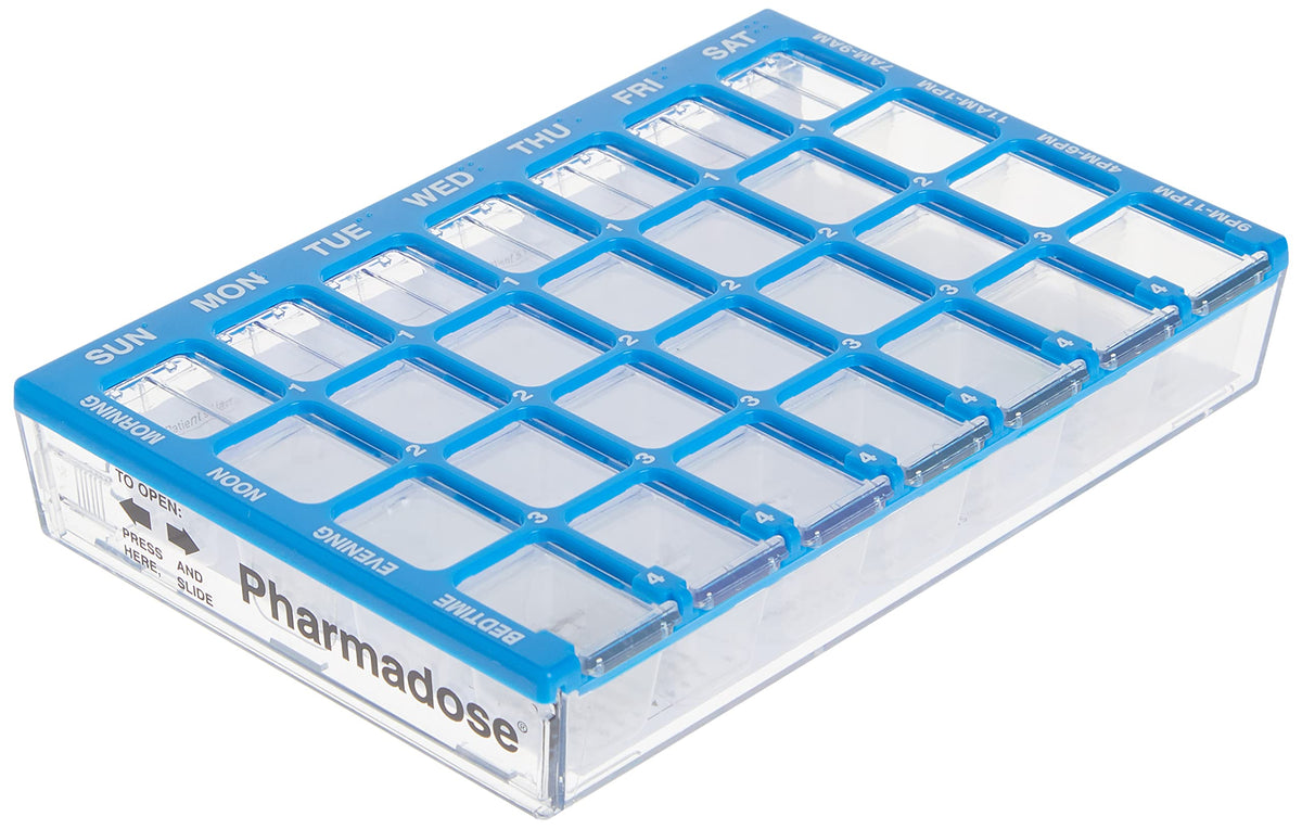 EZY DOSE Pill Organizer Weekly (7-Day), Medicine Planner, Vitamin Box, Small Compartments with Easy Fill Tray Case, 4 Times a Day, Clear Lids, Easy to Use Containers, Color May Vary, BPA Free