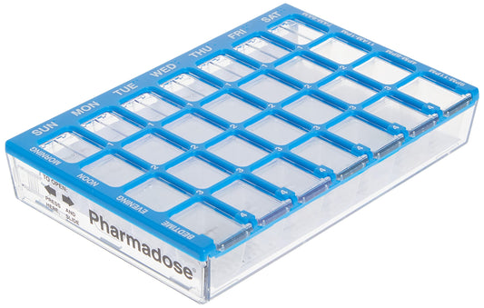 EZY DOSE Pill Organizer Weekly (7-Day), Medicine Planner, Vitamin Box, Small Compartments with Easy Fill Tray Case, 4 Times a Day, Clear Lids, Easy to Use Containers, Color May Vary, BPA Free