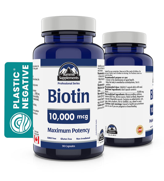 Biotin 10,000 mcg, 90 Vegan Capsules, 90-Day Supply, Maximum Potency Water-soluble Vitamin, Promotes Hair Growth, Stronger Nails & Healthier Skin, GMO & Gluten-Free, Proudly Canadian, Plastic Negative