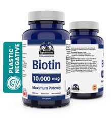 Biotin 10,000 mcg, 90 Vegan Capsules, 90-Day Supply, Maximum Potency Water-soluble Vitamin, Promotes Hair Growth, Stronger Nails & Healthier Skin, GMO & Gluten-Free, Proudly Canadian, Plastic Negative