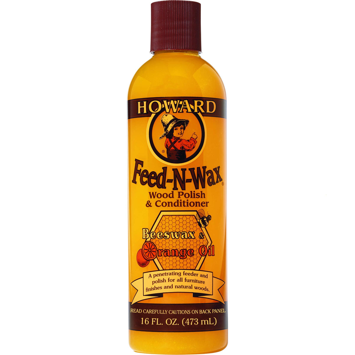 Howard Products Beeswax Wood Polish & Conditioner, Feed-N-Wax for Wood Furniture Polish, 16 oz, Orange