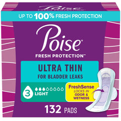 Poise Ultra Thin Incontinence Pads with Wings & Postpartum Incontinence Pads, 3 Drop Light Absorbency (3-Drop), Regular Length, 132 Count (3 x 44ct)