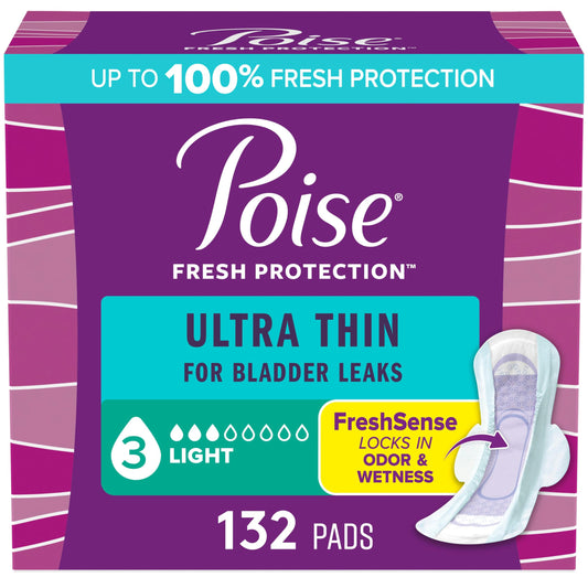 Poise Ultra Thin Incontinence Pads with Wings & Postpartum Incontinence Pads, 3 Drop Light Absorbency (3-Drop), Regular Length, 132 Count (3 x 44ct)