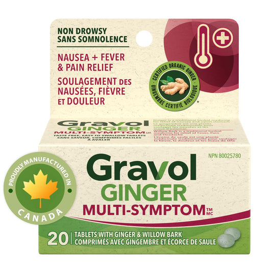 Gravol Ginger Multi-Symptom Tablet, Made in Canada, Fever & Pain Relief