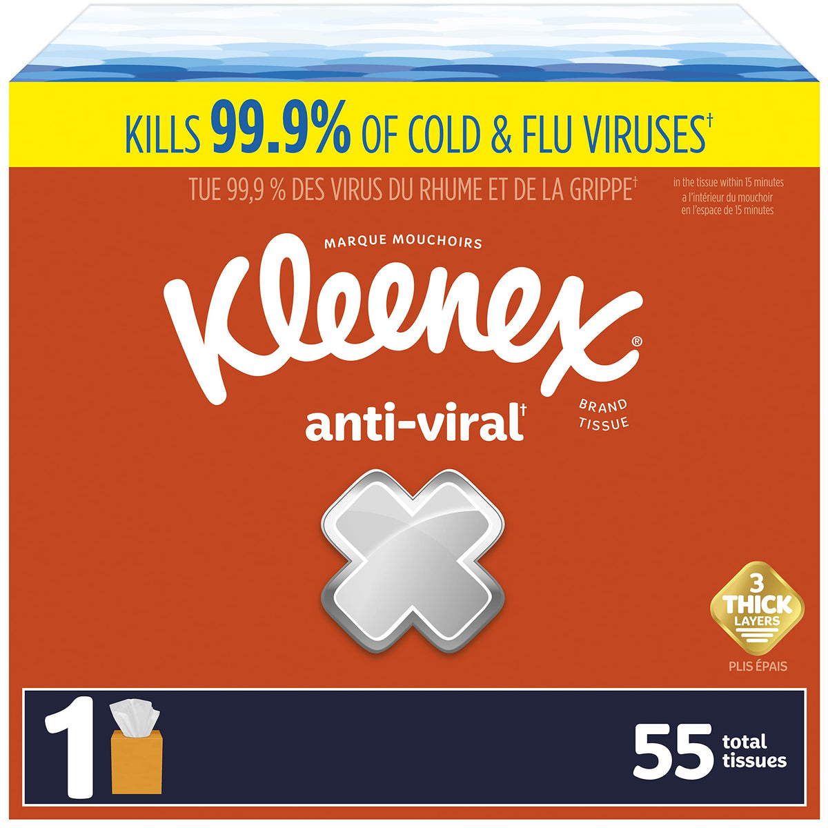 Kleenex Anti-Viral Facial Tissues, 3-Ply, 1 Cube Box, Classroom or Office Tissue, 55 Count, White (54552)