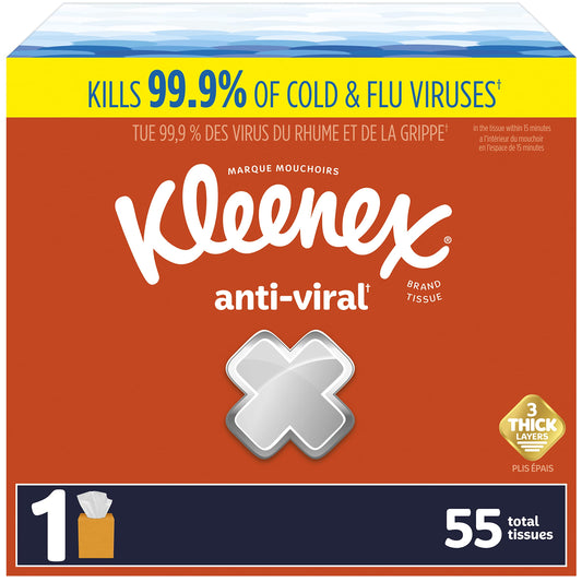 Kleenex Anti-Viral Facial Tissues, 3-Ply, 1 Cube Box, Classroom or Office Tissue, 55 Count, White (54552)