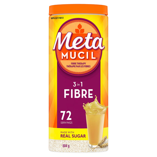Metamucil, Daily Psyllium Husk Powder Supplement, Real Sugar, 3-in-1 Fibre for Digestive Health, Unflavoured Smooth Flavored Drink, 72 Servings