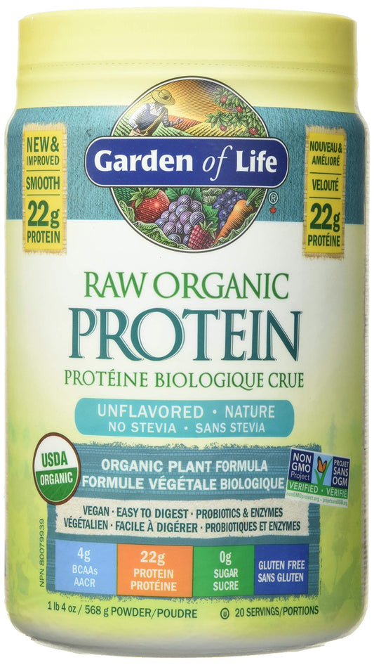 Garden Of Life Raw Organic Protein, Unflavored, 568g. Packed with 22 Grams of Certified Organic Plant Protein, including organic peas grown and processed in Canada. Assists in building and repairs muscles. 4g of BCAAs